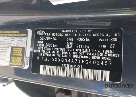 2015 Kia Optima Ex from USA, damaged, VIN 5XXGN4A71FG402457